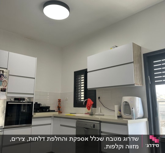 מטבח מודרני עם ארונות לבנים ומכשירי חשמל